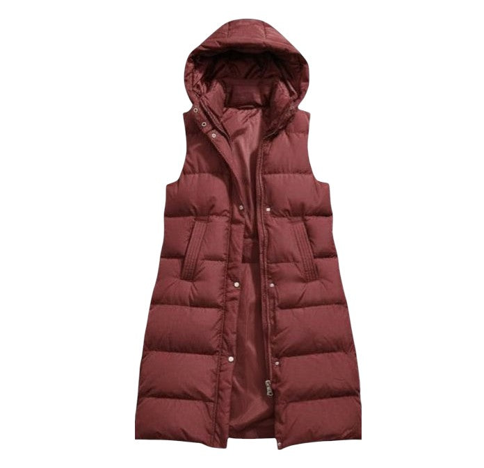Longline sleeveless puffer gilet with a padded hood and zip front