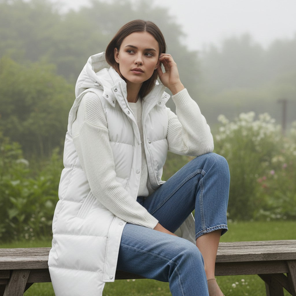 Longline sleeveless puffer gilet with a padded hood and zip front