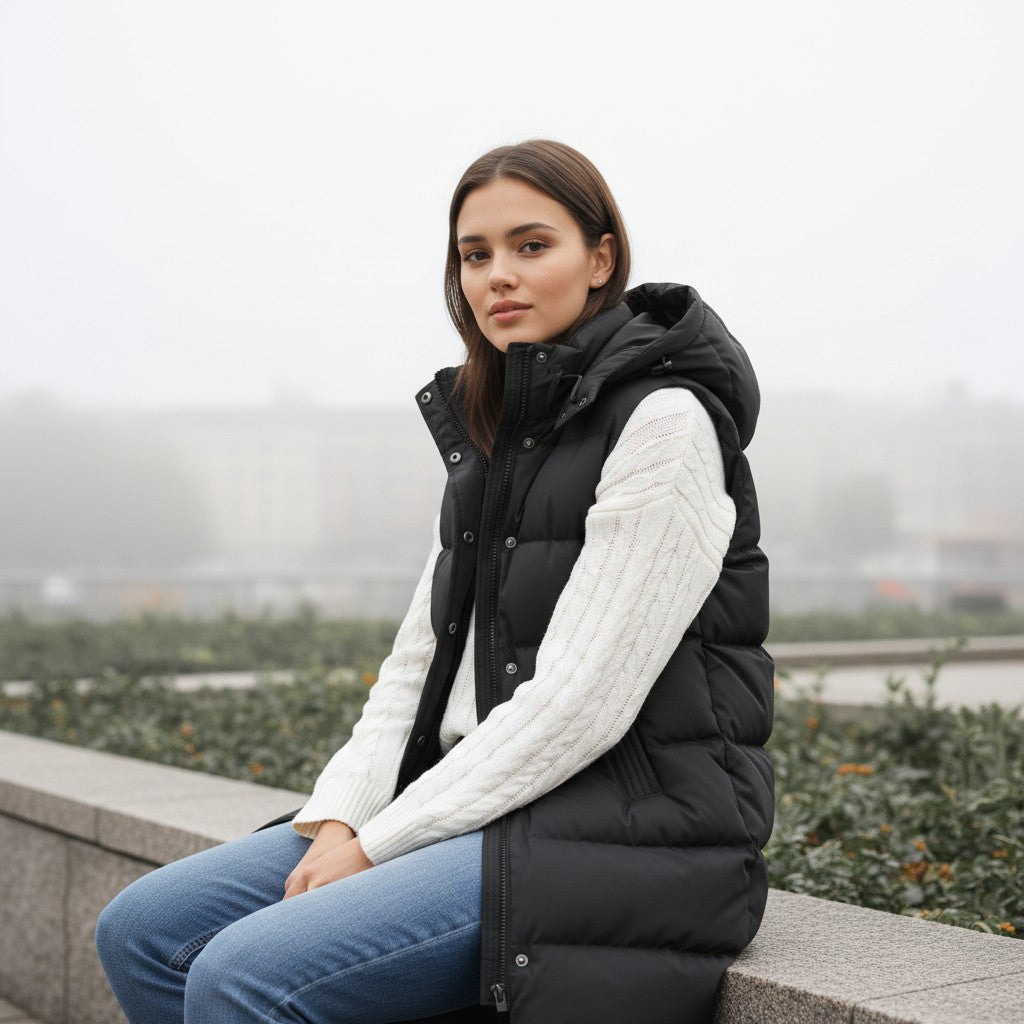Longline sleeveless puffer gilet with a padded hood and zip front