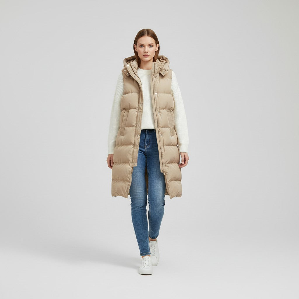 Longline sleeveless puffer gilet with a padded hood and zip front