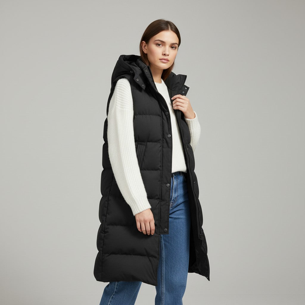 Longline sleeveless puffer gilet with a padded hood and zip front