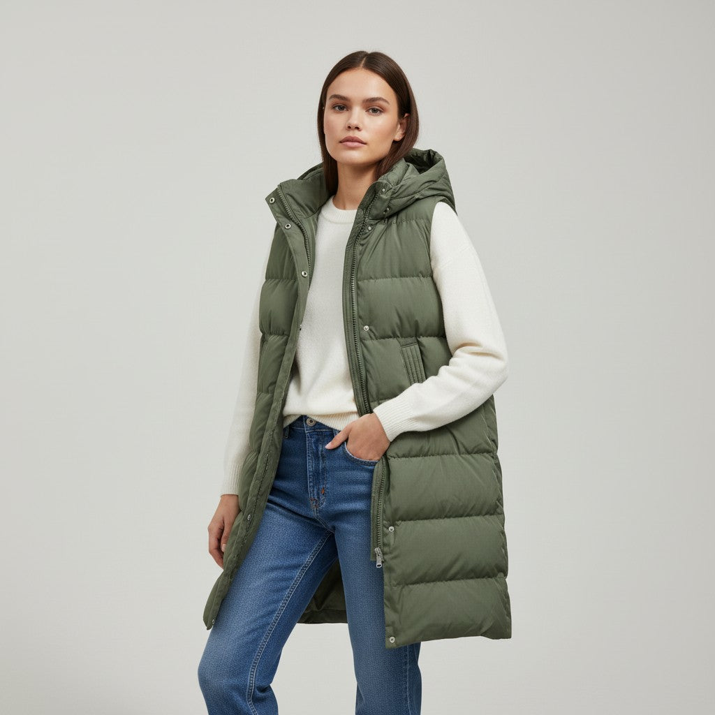 Longline sleeveless puffer gilet with a padded hood and zip front in army green