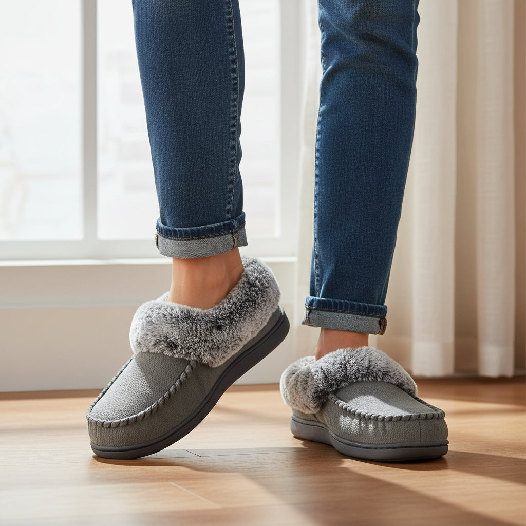Moccasin slippers with a faux fur collar and a non-slip rubber sole in dark grey