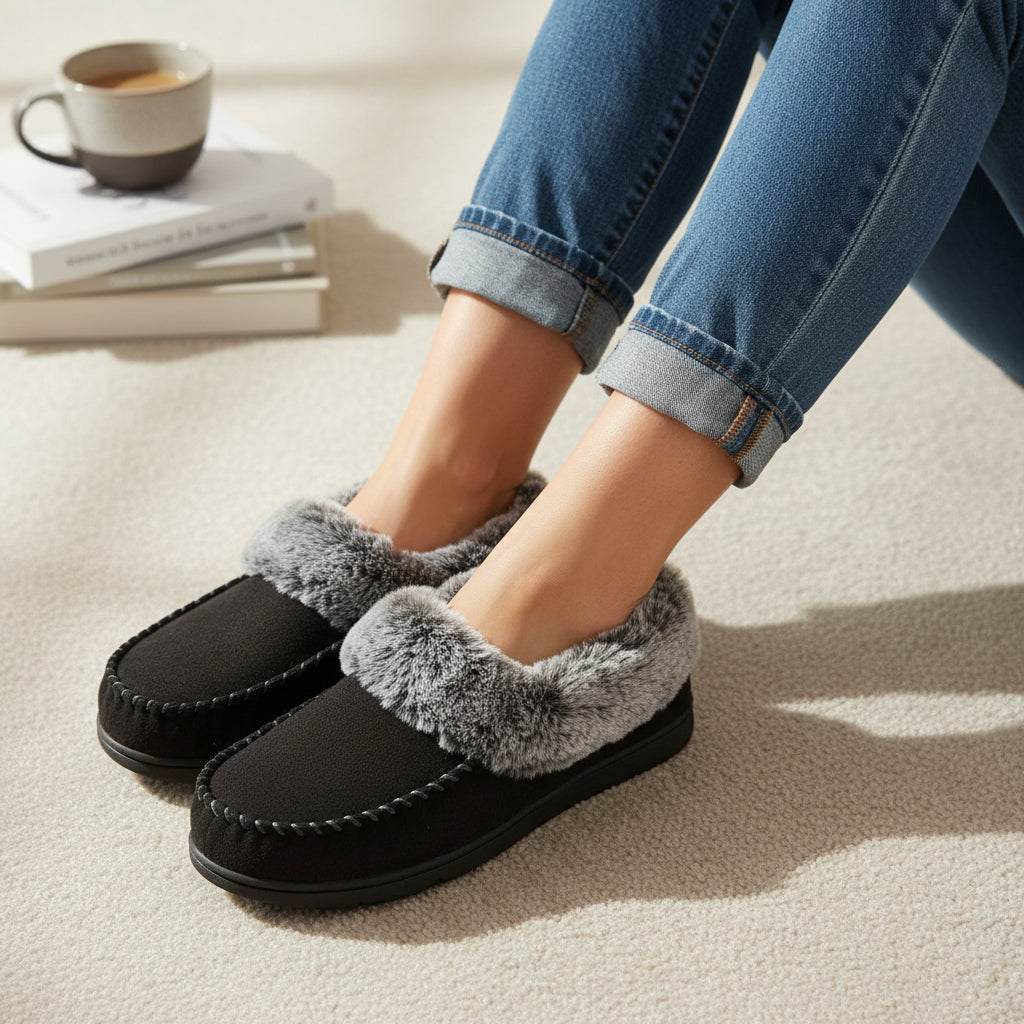 Moccasin slippers with a faux fur collar and a non-slip rubber sole in black
