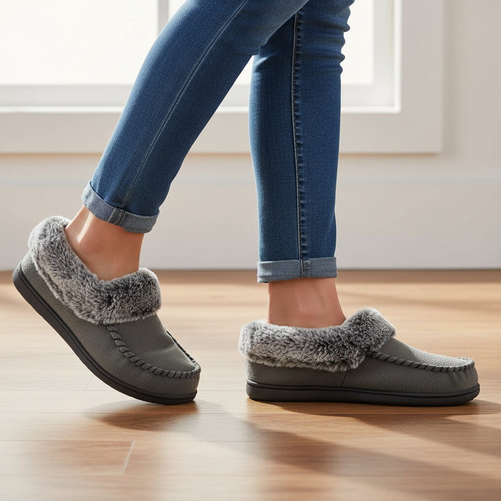 Moccasin slippers with a faux fur collar and a non-slip rubber sole