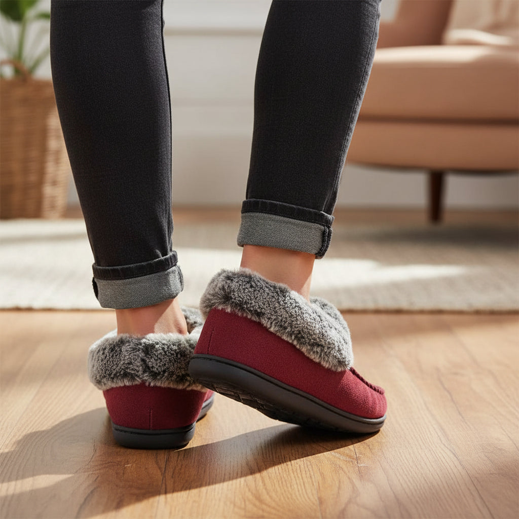 Moccasin slippers with a faux fur collar and a non-slip rubber sole