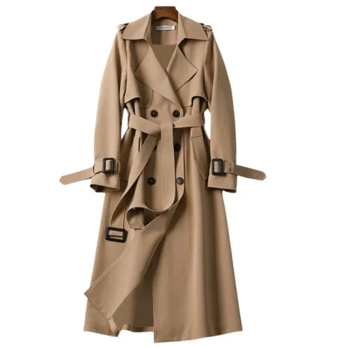 Mid-length trench coat with a wide lapel and a tie belt