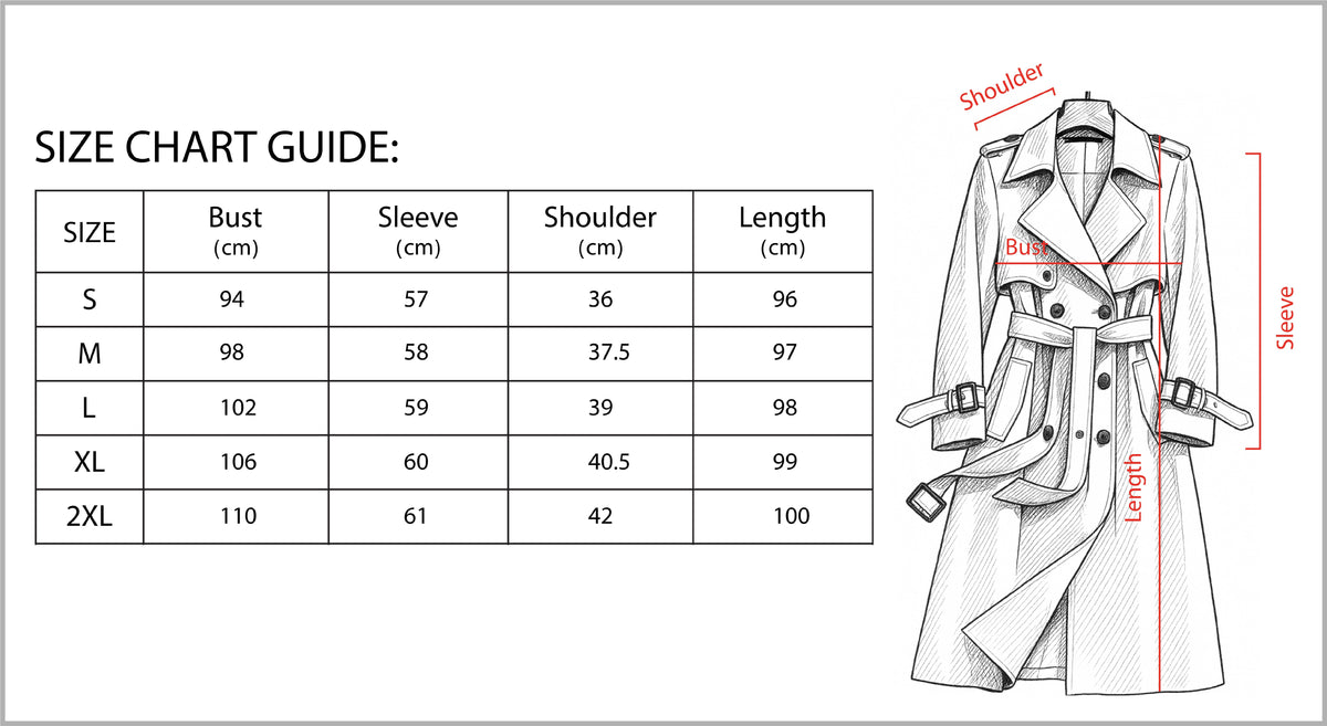 Mid-length trench coat with a wide lapel and a tie belt