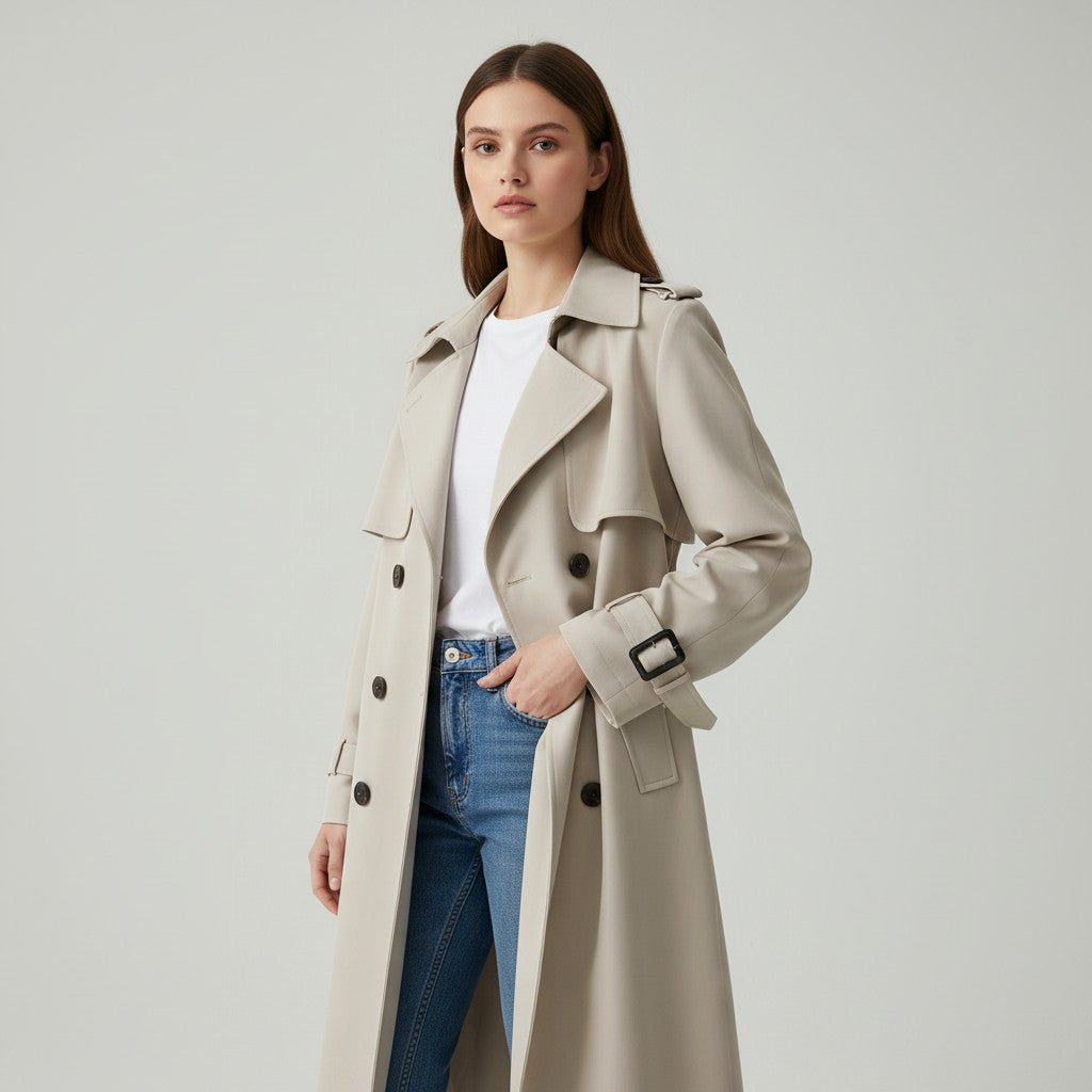 Mid-length trench coat with a wide lapel and a tie belt in stone