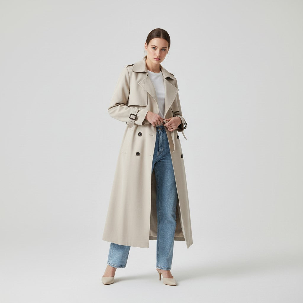 Mid-length trench coat with a wide lapel and a tie belt
