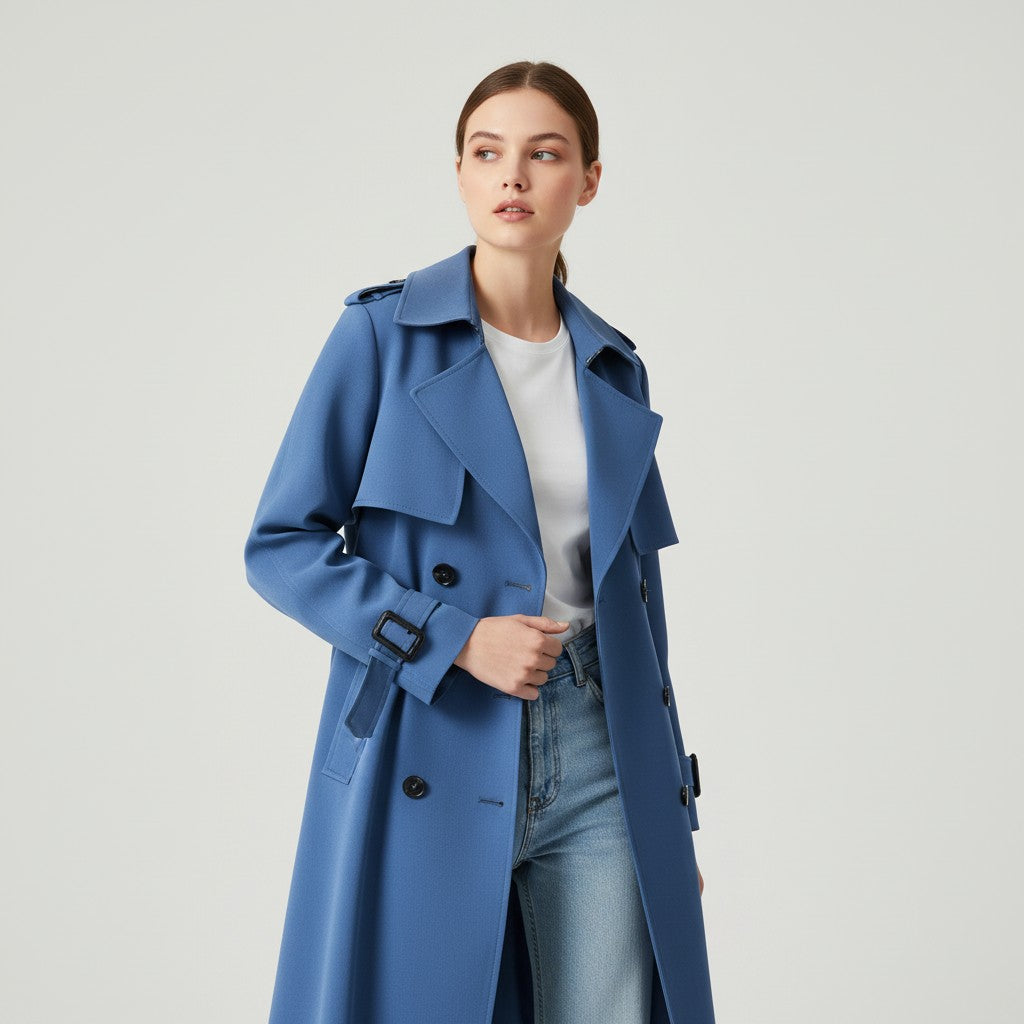 Mid-length trench coat with a wide lapel and a tie belt