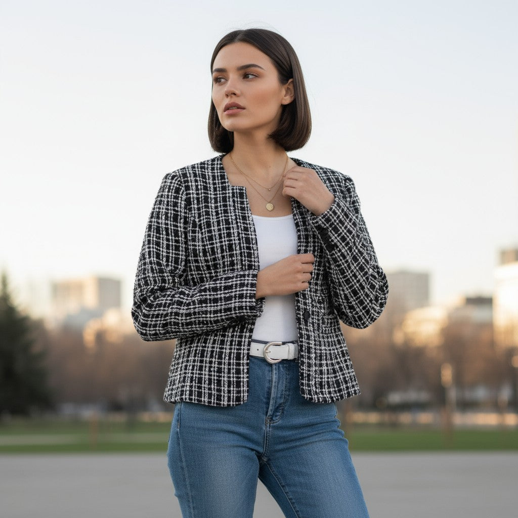 Collarless tweed jacket with a frayed trim, worn open