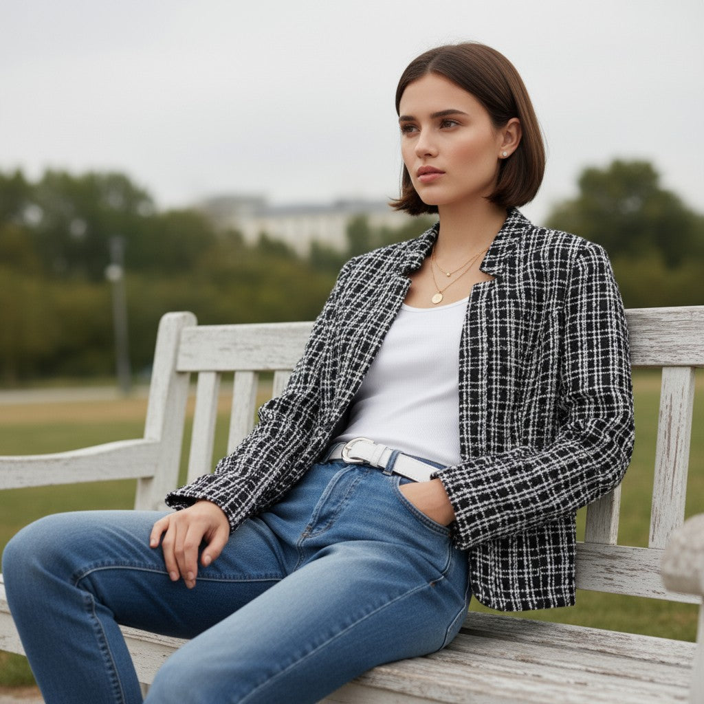 Collarless tweed jacket with a frayed trim, worn open