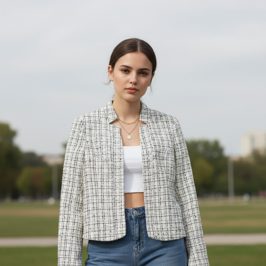 Collarless tweed jacket with a frayed trim, worn open