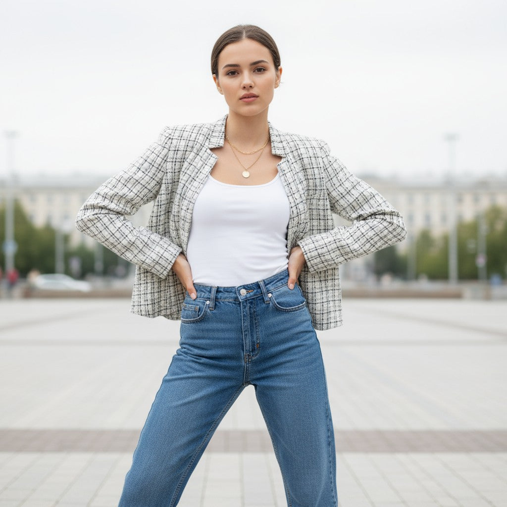 Collarless tweed jacket with a frayed trim, worn open