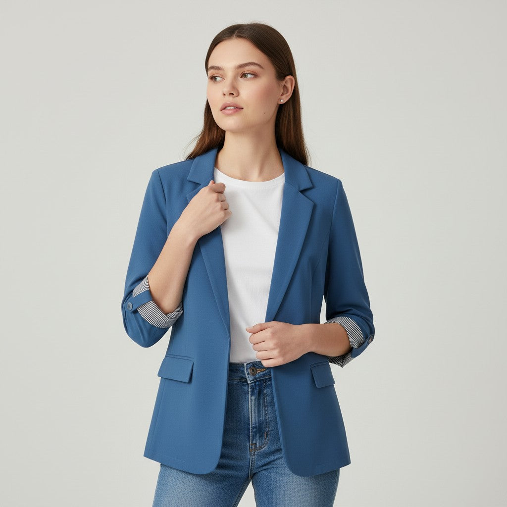Tailored blazer with a notch lapel and cuffs turned back over a striped lining in blue