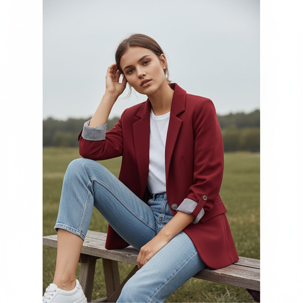 Tailored blazer with a notch lapel and cuffs turned back over a striped lining