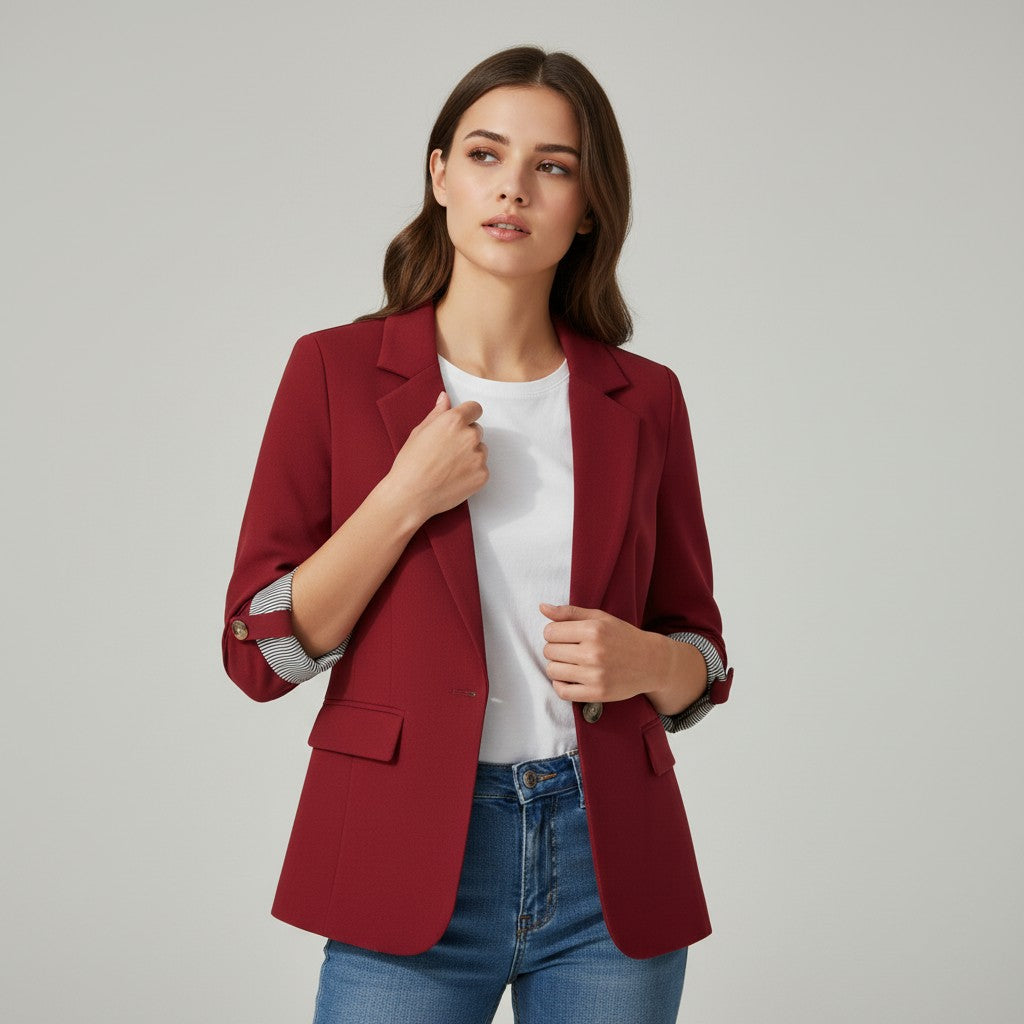 Tailored blazer with a notch lapel and cuffs turned back over a striped lining in red