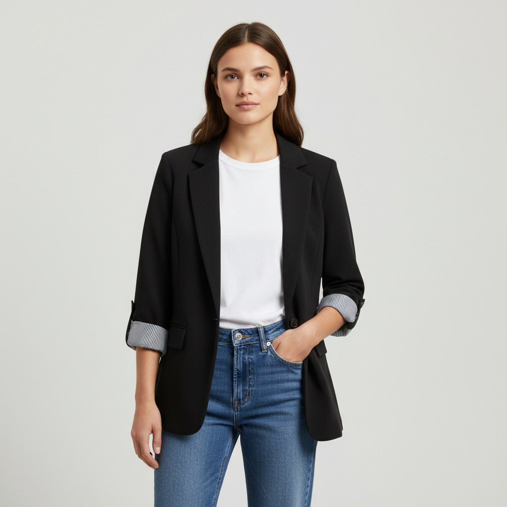 Tailored blazer with a notch lapel and cuffs turned back over a striped lining in black