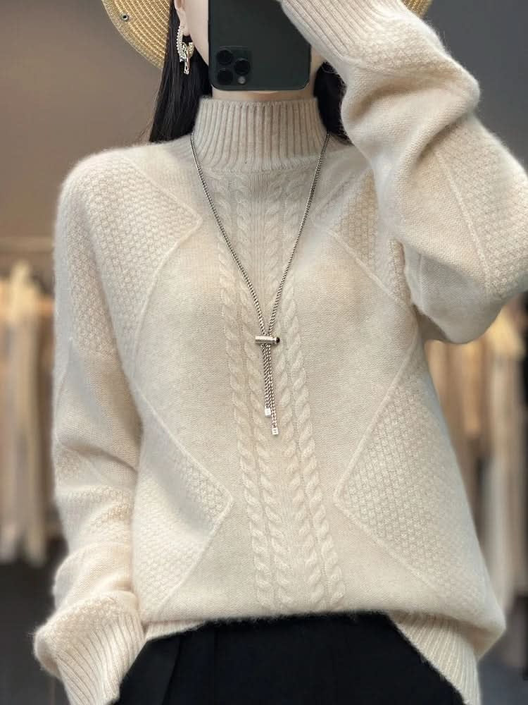 Women's cable knit roll neck jumper with ribbed trims - cream