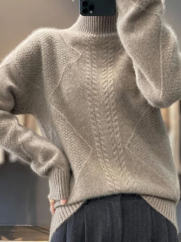 Women's cable knit roll neck jumper with ribbed trims - taupe