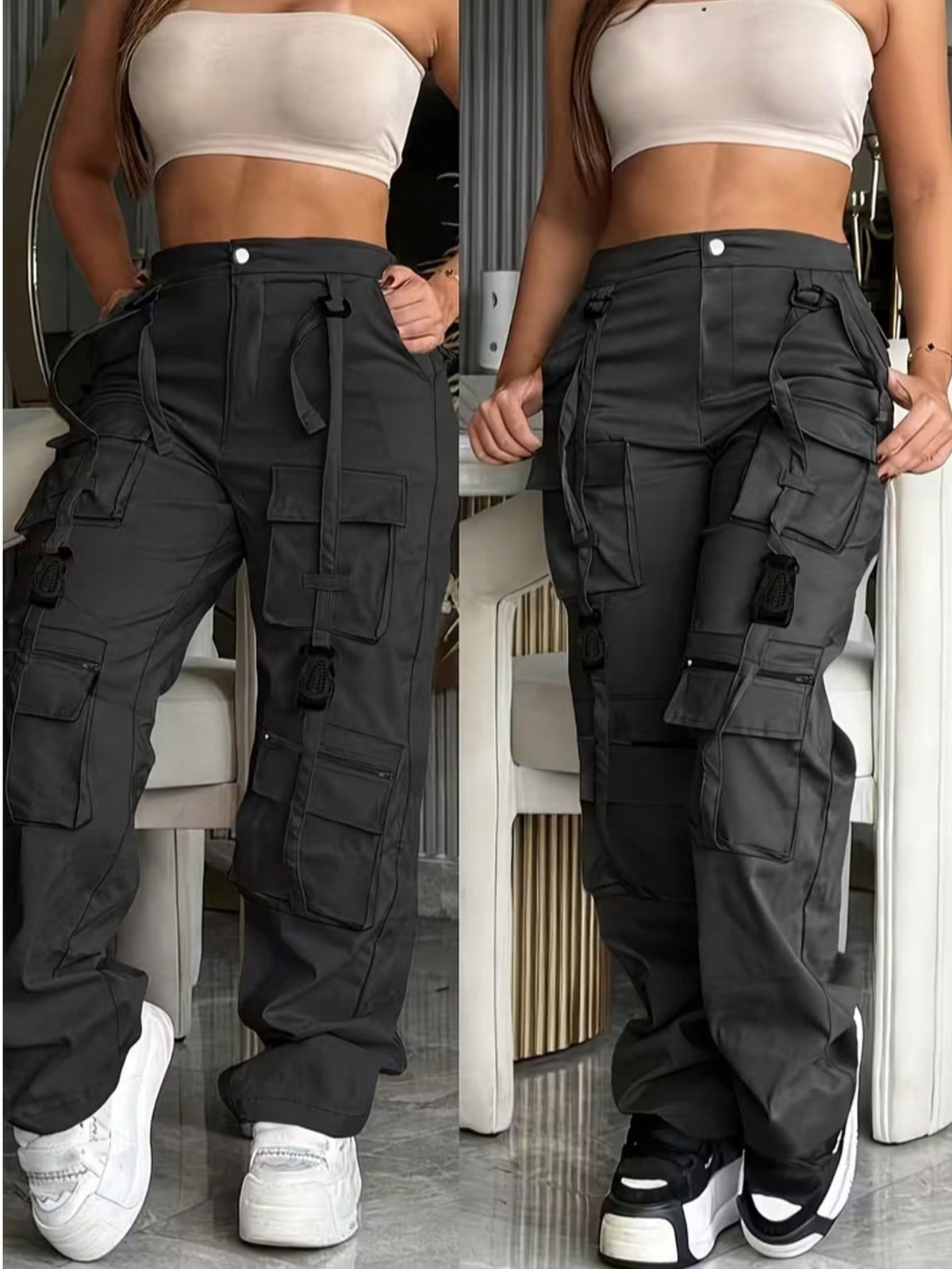 Cargo trousers for women with many pockets, loops and straps on the legs and a straight wide leg - black