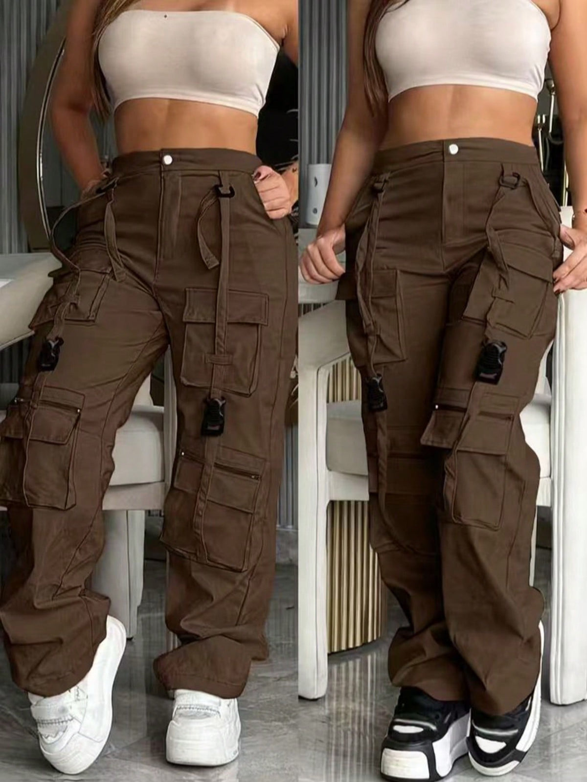 Cargo trousers for women with many pockets, loops and straps on the legs and a straight wide leg - brown