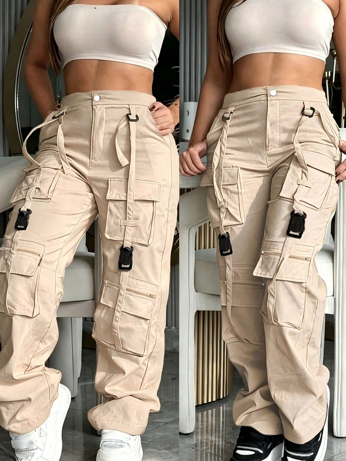 Cargo trousers for women with many pockets, loops and straps on the legs and a straight wide leg - beige