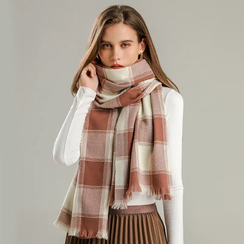 Women's woven checked scarf with fringe at both ends - terracotta check