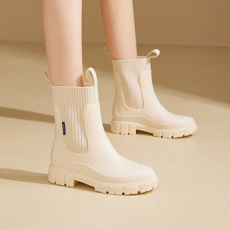 Women's Chelsea rain boots with a ribbed knit collar and lug sole - view 2