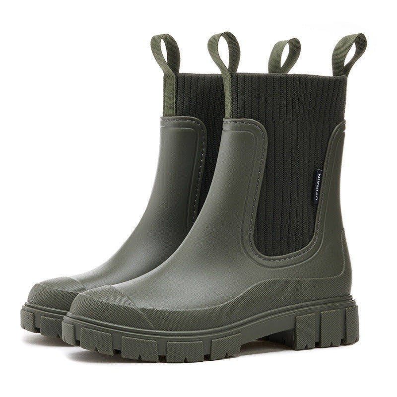 Women's Chelsea rain boots with a ribbed knit collar and lug sole - olive green