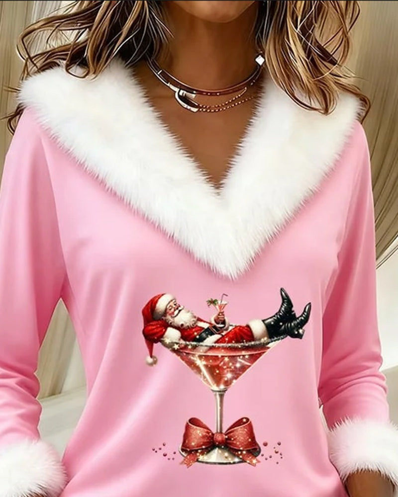 Women's Christmas top with a V-neck, fluffy white trim and Santa print - pink
