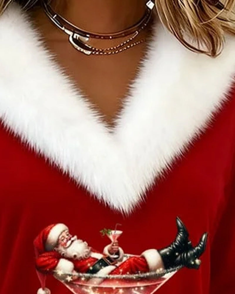 Women's Christmas top with a V-neck, fluffy white trim and Santa print - red