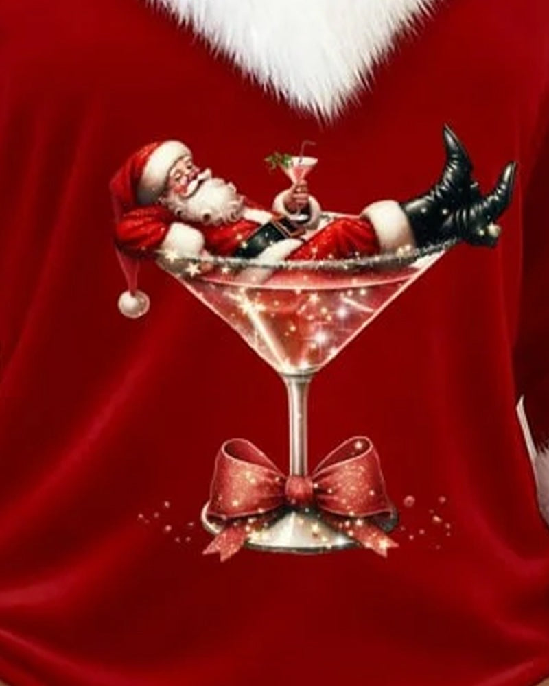 Women's Christmas top with a V-neck, fluffy white trim and Santa print - red