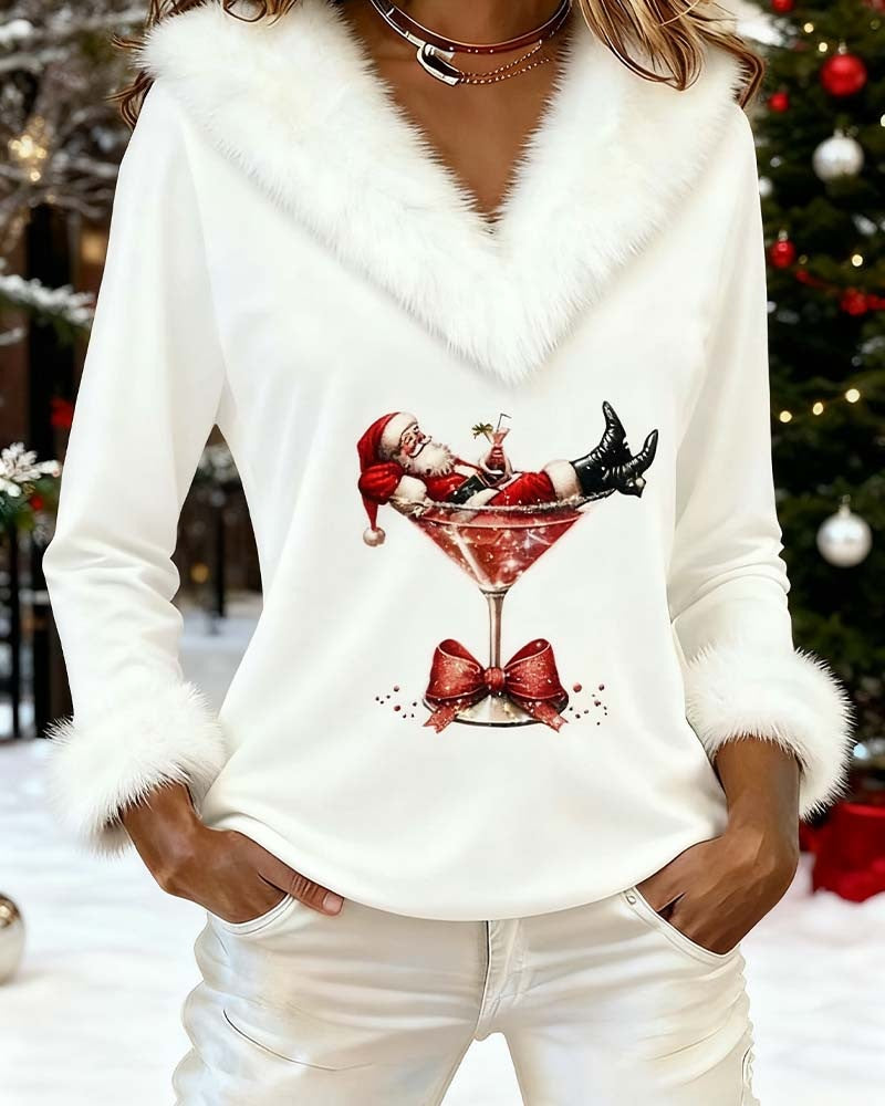 Women's Christmas top with a V-neck, fluffy white trim and Santa print - white