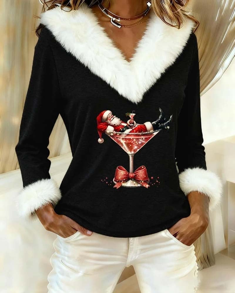 Women's Christmas top with a V-neck, fluffy white trim and Santa print - black