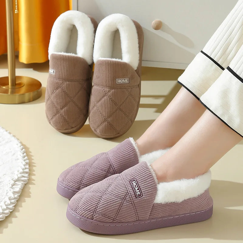 Women's corduroy slippers with quilted diamond stitch, plush cuff and closed back - view 5