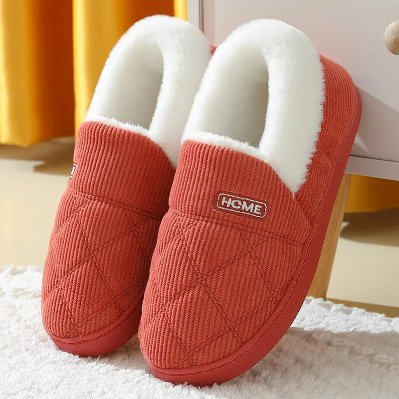 Women's corduroy slippers with quilted diamond stitch, plush cuff and closed back - red