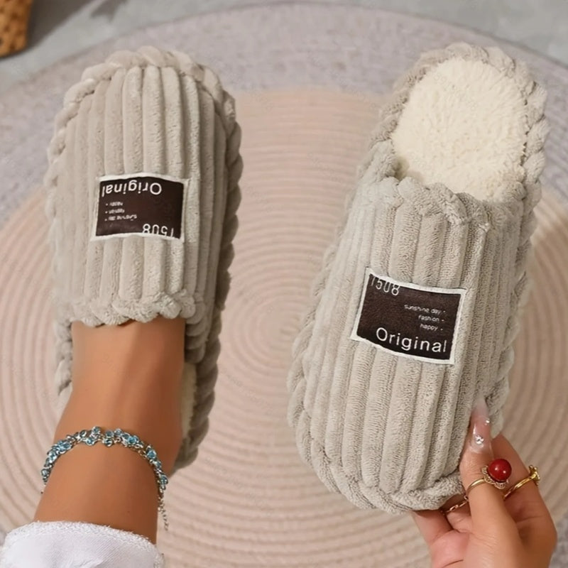 Corduroy slippers for women with plush lining, open heel and a dark woven label on the toe - taupe