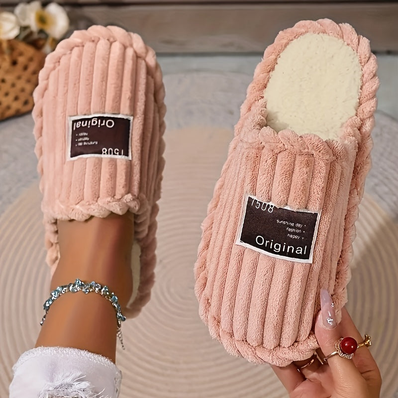 Corduroy slippers for women with plush lining, open heel and a dark woven label on the toe - pink