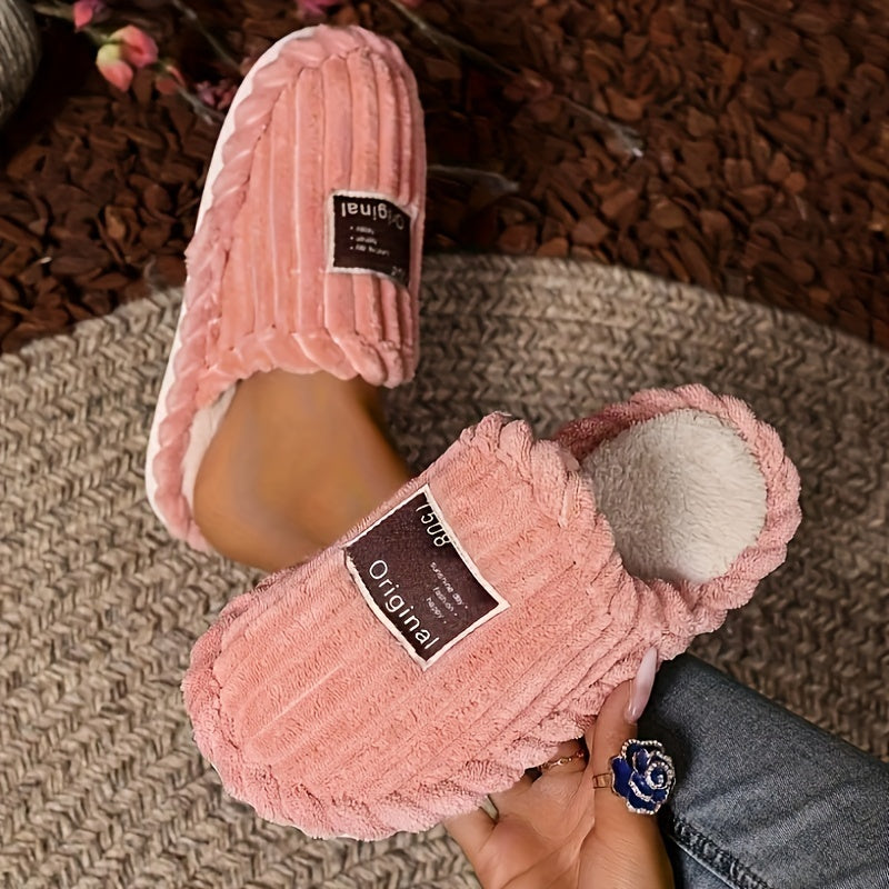 Corduroy slippers for women with plush lining, open heel and a dark woven label on the toe - view 7