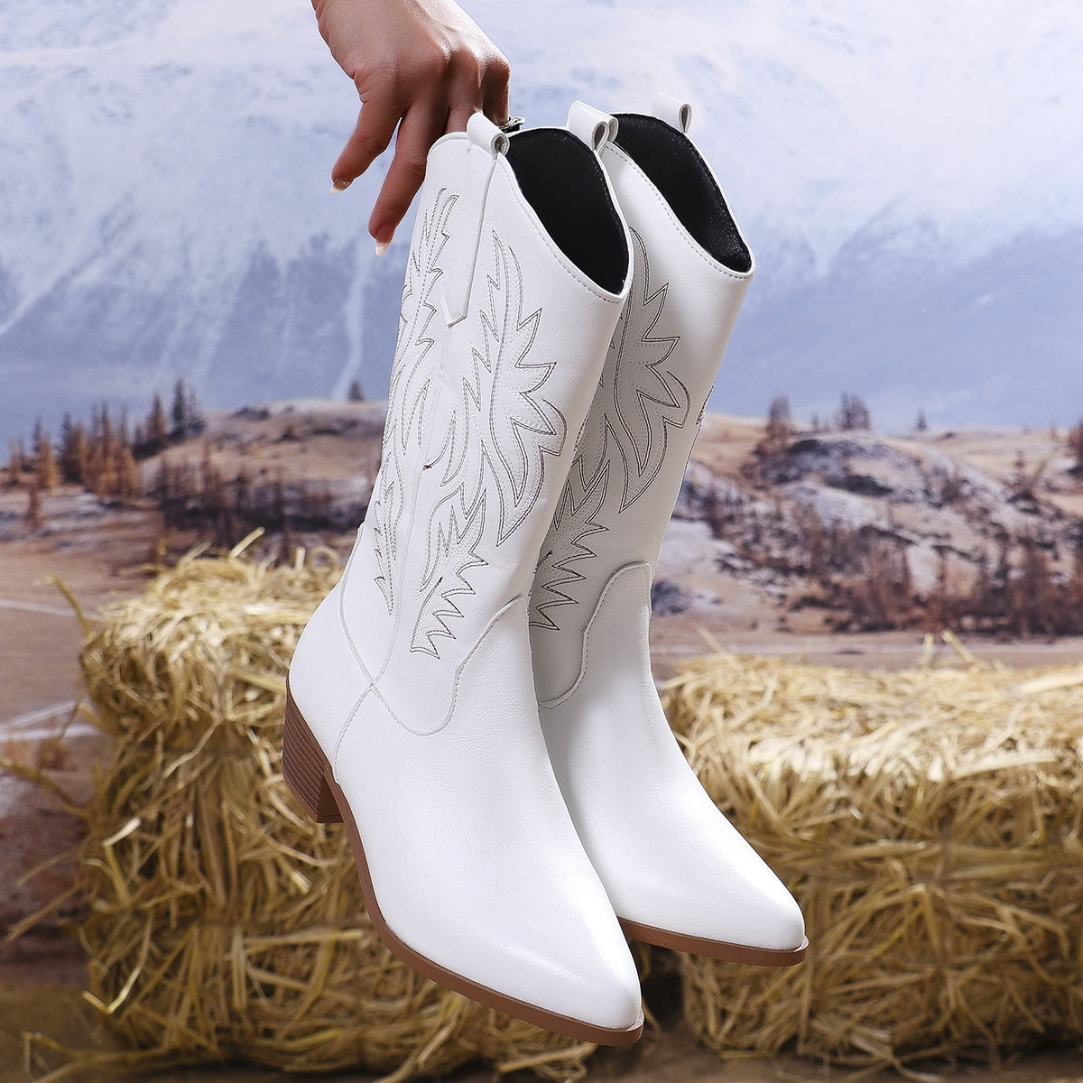 Women's cowboy boots with tonal western embroidery, pointed toe and block heel - view 13