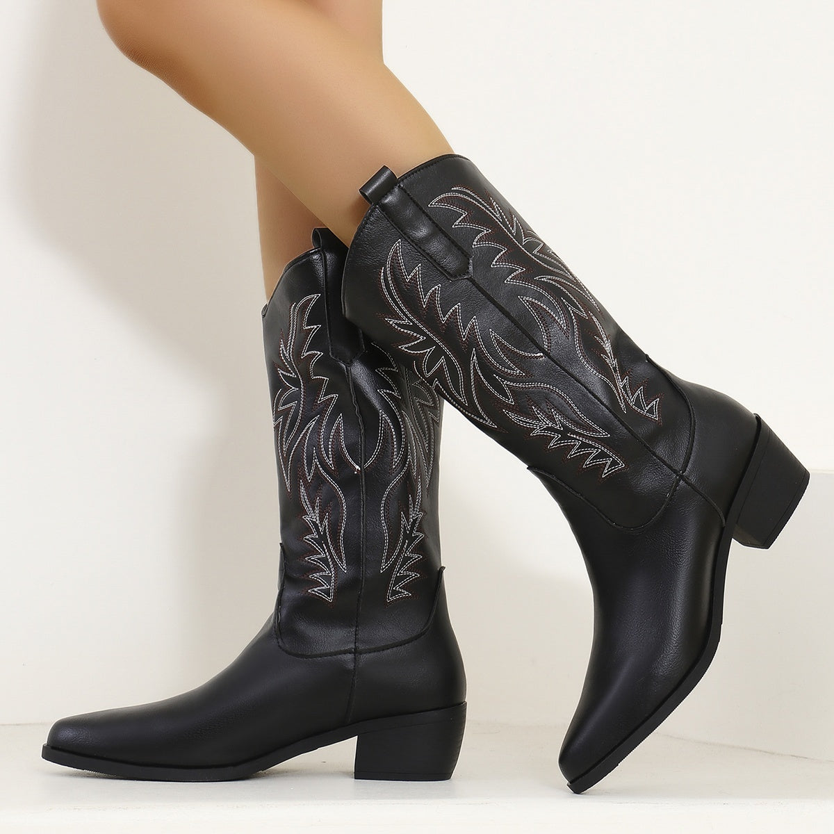 Women's cowboy boots with tonal western embroidery, pointed toe and block heel - view 16