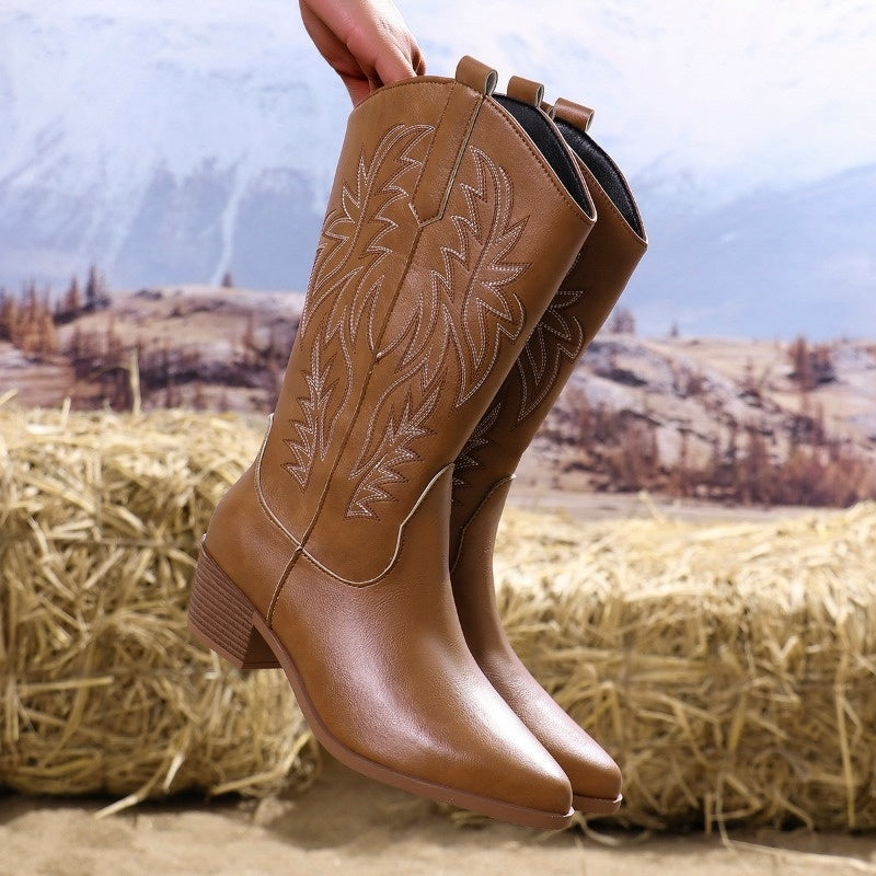 Women's cowboy boots with tonal western embroidery, pointed toe and block heel - view 20