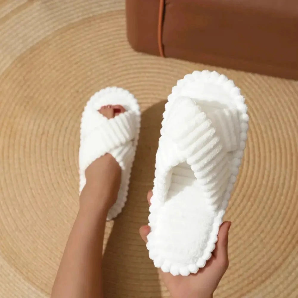 Mule slippers with cross straps in ribbed plush, open toe and light sole - view 3