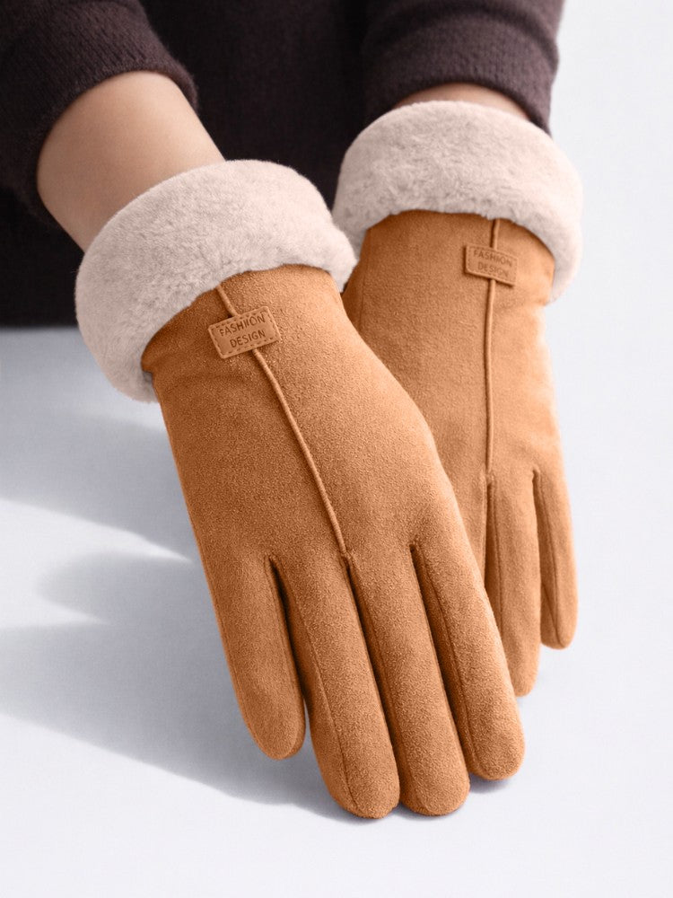 Women's faux suede winter gloves with fleece lining and a plush cuff - camel