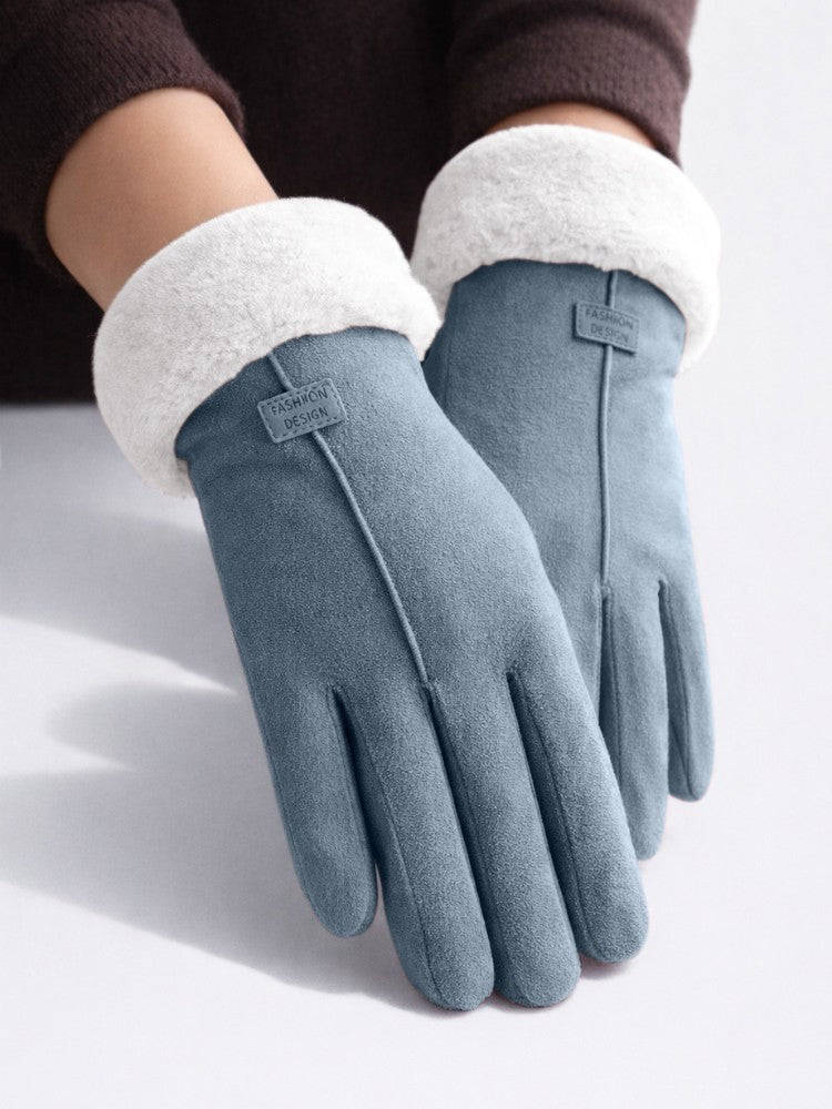 Women's faux suede winter gloves with fleece lining and a plush cuff - blue