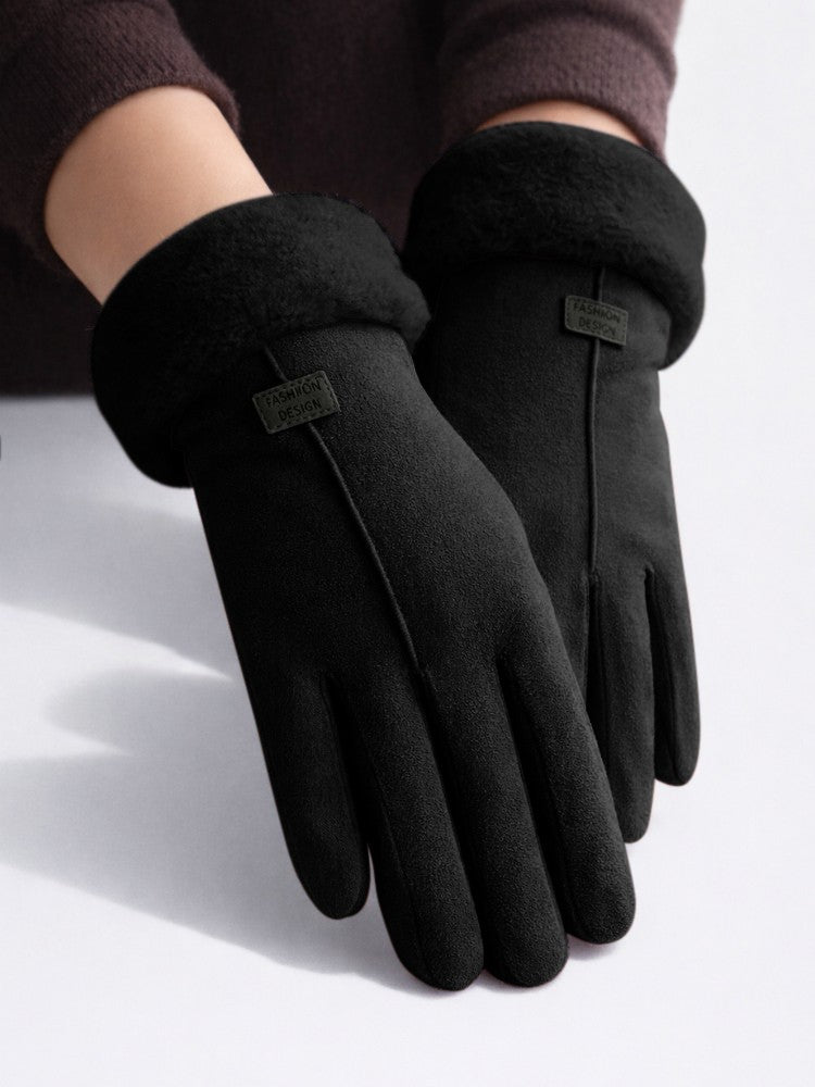 Women's faux suede winter gloves with fleece lining and a plush cuff - black