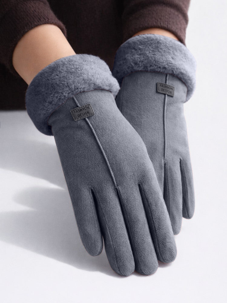 Women's faux suede winter gloves with fleece lining and a plush cuff - grey