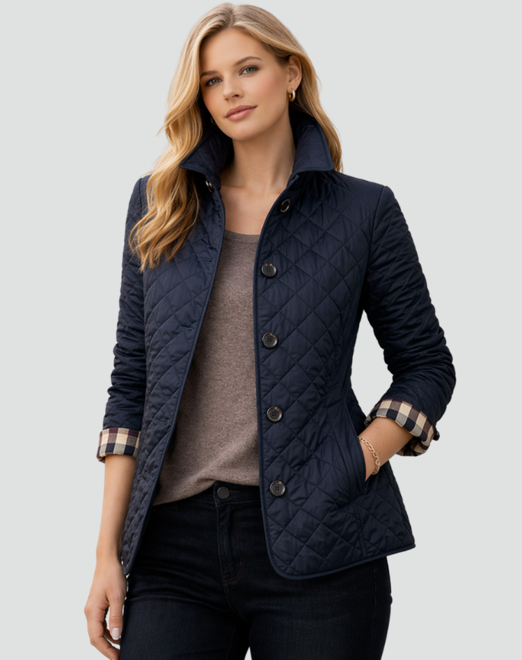 Women's fitted quilted jacket with a flat collar, button front and slip pockets - navy